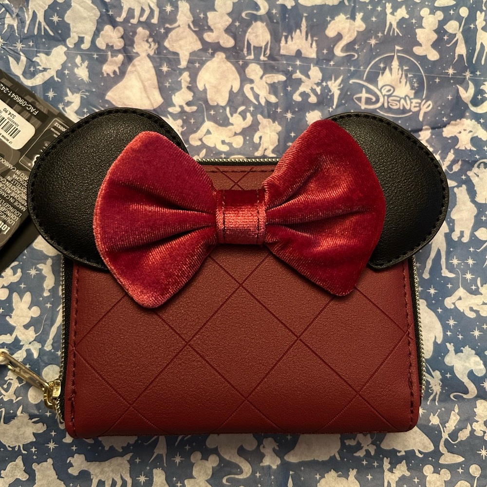Disney Loungefly Minnie Mouse Burgundy Velvet Bow Mini Zip Wallet - Picture 5 of 10